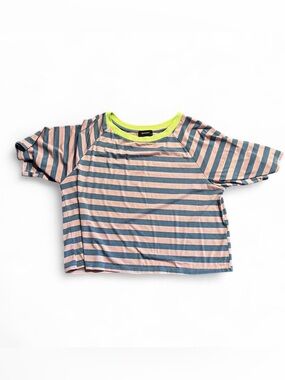 SHEIN Pink and Blue Striped Cropped Tee with Neon Yellow Trim